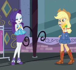 Size: 800x738 | Tagged: safe, screencap, applejack, rarity, equestria girls, equestria girls series, g4, street chic, spoiler:eqg series (season 2), animated, arm grab, autumn, belt, boots, clothes, cowboy hat, cropped, cute, denim skirt, duo, female, food, freckles, geode of shielding, gif, hat, high heels, magical geodes, pencil skirt, rarity peplum dress, shipping fuel, shoes, skirt, smiling, stetson, tea, window