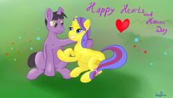 Size: 2560x1440 | Tagged: safe, oc, oc only, oc:purple smart, oc:sunpie, pony, hearts and hooves day, romance, shipping