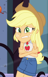 Size: 558x902 | Tagged: safe, screencap, applejack, equestria girls, equestria girls series, g4, street chic, spoiler:eqg series (season 2), applejack's hat, bare shoulders, clothes, cold, cowboy hat, cropped, female, freezing, geode of super strength, hat, magical geodes, shivering, shorts, sleeveless, solo, tank top