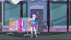 Size: 1920x1080 | Tagged: safe, screencap, rarity, equestria girls, g4, my little pony equestria girls: better together, street chic, bracelet, clothes, clothes rack, female, high heels, jewelry, legs, shoes, skirt, solo