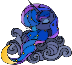 Size: 1905x1737 | Tagged: safe, artist:wezdor, princess luna, alicorn, pony, g4, cloud, crescent moon, ethereal mane, female, moon, simple background, solo, stained glass, starry mane, stars, transparent background