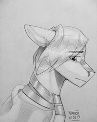 Size: 1040x1304 | Tagged: safe, artist:peppach, oc, oc only, oc:light knight, pony, bust, eye clipping through hair, floppy ears, grayscale, monochrome, signature, solo, traditional art