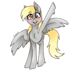 Size: 3543x3507 | Tagged: safe, artist:emolivz, derpy hooves, pegasus, pony, g4, blushing, chest fluff, cute, derpabetes, ear fluff, eye clipping through hair, eyebrows, eyebrows visible through hair, female, high res, leg fluff, looking at you, mare, open mouth, simple background, solo, sparkly eyes, waving, white background