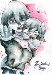 Size: 2396x3437 | Tagged: safe, artist:mashiromiku, human, pony, undead, zombie, zombie pony, anime, crossover, high res, human ponidox, looking at you, open mouth, ponified, reaching, self ponidox, tae yamada, traditional art, uvula, watercolor painting, zombie land saga, zombieland saga