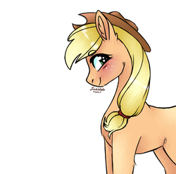 Size: 3543x3507 | Tagged: safe, artist:emolivz, applejack, earth pony, pony, g4, blushing, cute, ear fluff, eyebrows, eyebrows visible through hair, female, high res, jackabetes, looking at you, mare, profile, signature, simple background, smiling, solo, white background