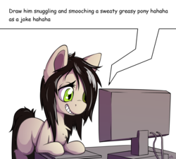 Size: 1500x1350 | Tagged: safe, artist:senaelik, oc, oc only, oc:floor bored, earth pony, pony, caption, chest fluff, computer, ear fluff, eyelashes, female, leg fluff, mare, ponified, prone, simple background, solo, text, transparent background