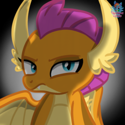 Size: 725x725 | Tagged: safe, artist:rainbow eevee, smolder, dragon, g4, the hearth's warming club, dragoness, fangs, female, gradient background, investigation, looking at you, signature, solo