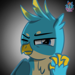 Size: 725x725 | Tagged: safe, artist:rainbow eevee, gallus, griffon, g4, the hearth's warming club, gradient background, investigation, looking at you, male, one eye closed, signature, solo
