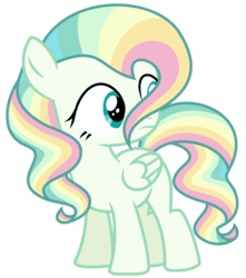 Size: 1076x1219 | Tagged: safe, artist:nightmarye, oc, oc only, oc:raine drop, pegasus, pony, eyelashes, female, filly, folded wings, frown, looking at something, magical lesbian spawn, offspring, parent:fluttershy, parent:vapor trail, pastel, solo, wavy mane, wings