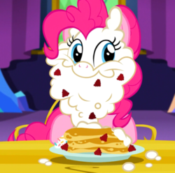 Size: 500x495 | Tagged: safe, screencap, pinkie pie, earth pony, pony, castle sweet castle, g4, beard, cute, diapinkes, female, food, food on face, mare, pancakes, raspberry (food), smiling, solo, sprinkles, whipped cream, whipped cream beard