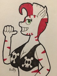 Size: 3024x4032 | Tagged: safe, artist:b-cacto, oc, oc only, oc:zeze, zebra, anthro, anthro oc, bikini, clothes, female, grin, happy, high res, looking at you, pointing at self, skull and crossbones, smiling, smiling at you, solo, swimsuit, traditional art, zebra oc