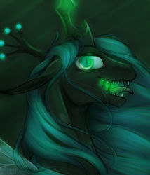 Size: 1920x2240 | Tagged: safe, artist:acry-artwork, queen chrysalis, changeling, changeling queen, g4, crown, female, glowing, glowing horn, horn, jewelry, regalia, sharp teeth, slit pupils, solo, teeth