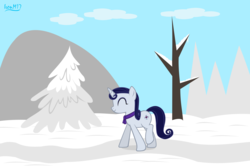 Size: 4689x3118 | Tagged: safe, artist:ironm17, moonlight raven, pony, unicorn, g4, clothes, eyes closed, scarf, smiling, snow, walking, winter