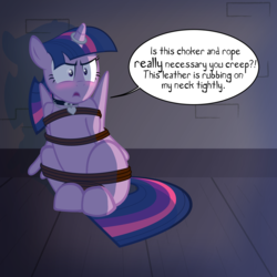 Size: 2000x2000 | Tagged: safe, artist:radiantrealm, twilight sparkle, alicorn, pony, g4, arm behind back, blushing, bondage, bound wings, collar, female, high res, horn, horn ring, magic suppression, pinpoint eyes, rope, rope bondage, show accurate, solo, speech bubble, twilight sparkle (alicorn)