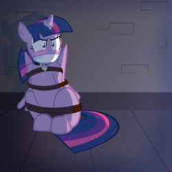 Size: 2000x2000 | Tagged: safe, alternate version, artist:radiantrealm, twilight sparkle, alicorn, pony, g4, arm behind back, blushing, bondage, bound wings, cloth gag, collar, female, gag, high res, horn, horn ring, magic suppression, pet tag, pinpoint eyes, rope, rope bondage, show accurate, solo, twilight sparkle (alicorn)