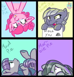 Size: 1057x1102 | Tagged: safe, artist:rainbow eevee, limestone pie, marble pie, maud pie, pinkie pie, earth pony, pony, g4, cute, female, floppy ears, grin, mare, open mouth, pie family, pie sisters, scared, shy, siblings, sign, sisters, smiling, tongue out, upside down