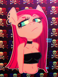 Size: 768x1024 | Tagged: safe, artist:hueghost, pinkie pie, earth pony, anthro, g4, bare shoulders, belly button, breasts, choker, cleavage, ear piercing, edgy, female, piercing, pinkamena diane pie, punkamena, punkie pie, skull and crossbones, solo, strapless