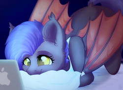 Size: 5500x4032 | Tagged: safe, artist:alphadesu, oc, oc only, oc:dawn sentry, bat pony, pony, absurd resolution, apple, bat wings, bed, computer, female, food, laptop computer, mare, pillow, solo, wings