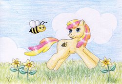 Size: 1220x851 | Tagged: safe, artist:normaleeinsane, bumblesweet, bee, pony, g4, cloud, flower, grass, solo, traditional art