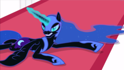 Size: 1666x937 | Tagged: safe, screencap, nightmare moon, alicorn, pony, a royal problem, g4, season 7, armor, canterlot castle, carpet, colored eyelashes, ethereal hair, ethereal mane, ethereal tail, female, glowing horn, helmet, hoof shoes, horn, jewelry, lying down, magic, magic aura, mare, peytral, prone, regalia, slit pupils, snarling, sploot, starry hair, starry mane, starry tail, tail, wings