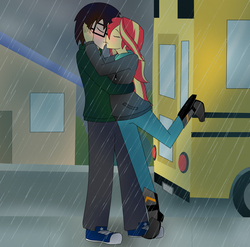 Size: 2024x2000 | Tagged: safe, artist:xan-gelx, sunset shimmer, oc, human, equestria girls, g4, bus, canon x oc, clothes, commission, converse, eyes closed, female, glasses, high res, house, human male, jacket, kissing, male, pants, rain, shoes