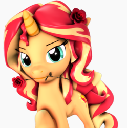 Size: 2025x2044 | Tagged: safe, artist:flushthebatsanta, sunset shimmer, pony, unicorn, g4, 3d, female, flower, high res, looking at you, mare, mouth hold, raised hoof, rose, source filmmaker