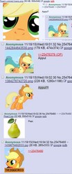 Size: 500x1198 | Tagged: safe, applejack, earth pony, pony, g4, /mlp/, 4chan, 4chan screencap, apple, appul, close up series, close-up, cute, extreme close-up, female, food, fruit, hilarious in hindsight, mare, meme, pear, pearlarious in hindsight, pony thread simulator, shitposting, text, that pony sure does hate pears, that pony sure does love apples, triggered, troll, youtube screencap