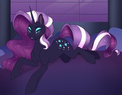 Size: 2258x1757 | Tagged: safe, artist:blithedragon, nightmare rarity, pony, unicorn, fanfic:the lost element, g4, beautiful, fanfic, fanfic art, female, lidded eyes, looking at you, prone, smiling, solo