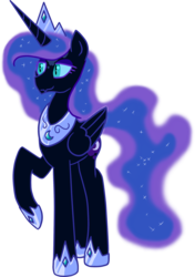 Size: 1611x2291 | Tagged: safe, artist:swordsmen, nightmare moon, alicorn, pony, g4, alternate timeline, ethereal mane, eyeshadow, fangs, female, flowing mane, happy, hoof shoes, jewelry, makeup, mare, necklace, nicemare moon, no armor, raised hoof, redesign, simple background, slit pupils, solo, sparkles, starry mane, transparent background, wings