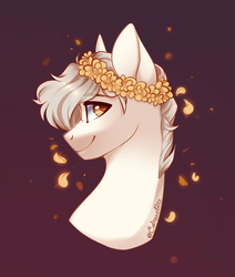 Size: 1692x2000 | Tagged: safe, artist:colirosablitz, pony, art trade, bust, flower, petals, simple background, smiling, solo