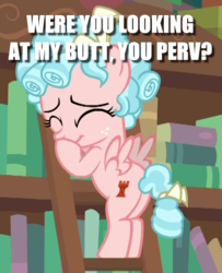 Size: 598x736 | Tagged: safe, edit, edited screencap, screencap, cozy glow, pony, g4, what lies beneath, bookshelf, bronybait, butt, caption, cozy glutes, cozybetes, cute, dialogue, eyes closed, female, filly, foal, giggling, image macro, impact font, ladder, meme, plot, solo, text