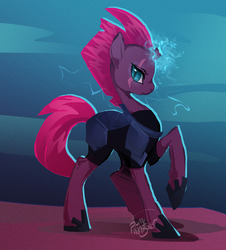 Size: 1280x1418 | Tagged: safe, artist:ponyhangover, tempest shadow, pony, unicorn, g4, my little pony: the movie, armor, broken horn, commander cute, cute, electricity magic, eye scar, female, frown, glowing horn, horn, lightning, looking at you, magic, mare, profile, raised hoof, scar, serious, signature, slit pupils, solo, tempestbetes