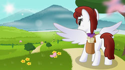 Size: 800x452 | Tagged: safe, artist:jhayarr23, oc, oc only, oc:graph travel, butterfly, pegasus, pony, adventure, clothes, exploring, female, field, flower, freckles, grass, house, map, mare, mountain, road, saddle bag, scenery, scroll, solo, spread wings, sun, tree, vector, vest, wings