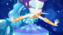 Size: 1280x720 | Tagged: safe, screencap, rarity, equestria girls, g4, my little pony equestria girls: better together, the other side, bare shoulders, beautiful, carousel dress, eyes closed, sleeveless, solo