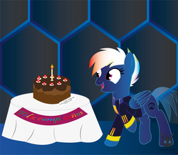 Size: 2931x2556 | Tagged: safe, artist:wheatley r.h., oc, oc only, oc:nifarergy, pegasus, pony, birthday, birthday cake, black forest cake, cake, card, clothes, colored wings, cutie mark, female, folded wings, food, gift art, gradient background, gradient mane, gradient wings, happy, hexagon, high res, jacket, mare, multicolored hair, pegasus oc, pegasus wings, pink eyes, portal (valve), single panel, smiling, spanish text, table, tablecloth, the cake is a lie, transparent tail, vector, watermark, wings