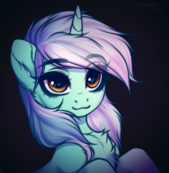 Size: 1912x1971 | Tagged: safe, artist:shenki, lyra heartstrings, pony, unicorn, g4, :3, black background, chest fluff, eye clipping through hair, eyebrows, eyebrows visible through hair, female, looking at you, mare, signature, simple background, solo