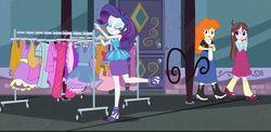 Size: 1614x790 | Tagged: safe, screencap, golden hazel, rarity, velvet sky, equestria girls, g4, my little pony equestria girls: better together, street chic, autumn, background human, bracelet, clothes, clothes rack, cropped, eyes closed, eyeshadow, female, geode of shielding, high heels, jewelry, legs, magical geodes, makeup, pencil skirt, rarity peplum dress, scarf, shoes, skirt, smiling
