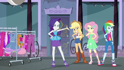 Size: 1920x1080 | Tagged: safe, screencap, applejack, fluttershy, rainbow dash, rarity, equestria girls, g4, my little pony equestria girls: better together, street chic, bare shoulders, bracelet, clothes, clothes rack, converse, female, geode of fauna, geode of shielding, geode of super speed, geode of super strength, high heels, jewelry, legs, magical geodes, sexy, shoes, sleeveless, smiling, sneakers, strapless, summer chic, tank top, toes, window