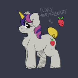 Size: 2000x2000 | Tagged: safe, artist:spoopygander, oc, oc only, oc:ivory strawberry, pony, unicorn, chest fluff, chubby, colored horn, cute, cutie mark, female, fluffy, gray background, high res, horn, looking up, mare, reference sheet, simple background, smiling, solo, unshorn fetlocks
