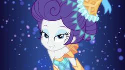 Size: 1920x1080 | Tagged: safe, screencap, rarity, equestria girls, equestria girls series, the other side, bare shoulders, beautiful, carousel dress, clothes, dress, female, lidded eyes, looking at you, sleeveless, smiling