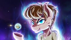 Size: 3840x2160 | Tagged: safe, artist:pirill, pony, aura, clothes, equestria, geocentric theory, high res, male, moon, planet, ponified, rule 85, scooby-doo!, shaggy rogers, shirt, solo, space, stallion, stars, sun, ultra instinct, ultra instinct shaggy