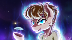 Size: 3840x2160 | Tagged: safe, alternate version, artist:pirill, derpibooru exclusive, pony, aura, clothes, equestria, flat earth, high res, male, moon, planet, ponified, powerful shaggy, rule 85, scooby-doo!, shaggy rogers, shirt, solo, space, stallion, stars, sun, ultra instinct, ultra instinct shaggy