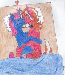 Size: 2075x2396 | Tagged: safe, artist:dreamvirusomega, oc, oc only, pony, unicorn, bed, female, high res, kissing, lesbian, snuggling, traditional art