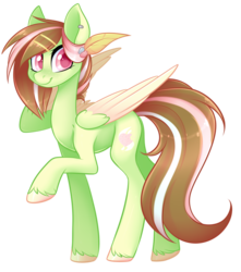 Size: 900x1017 | Tagged: safe, artist:scarlet-spectrum, oc, oc only, oc:pastel cream, pegasus, pony, colored hooves, colored wings, ear piercing, feather, female, hairclip, looking at you, mare, piercing, raised hoof, simple background, smiling, solo, transparent background, unshorn fetlocks, watermark, wings