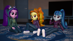 Size: 1920x1080 | Tagged: safe, artist:razethebeast, adagio dazzle, aria blaze, sonata dusk, equestria girls, g4, 3d, clothes, cute, hoodie, looking at you, pants, smiling, source filmmaker, the dazzlings
