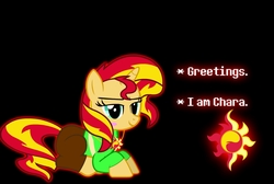 Size: 1211x816 | Tagged: safe, artist:mrvector, derpibooru exclusive, sunset shimmer, pony, unicorn, g4, black background, blushing, chara, charaset, clothes, female, jewelry, looking at you, lying down, mare, necklace, prone, simple background, solo, text, undertale