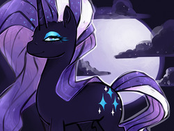 Size: 1000x750 | Tagged: safe, artist:mikenlos, nightmare rarity, pony, unicorn, g4, spoiler:comic, cloud, female, lidded eyes, mare, moon, night, solo