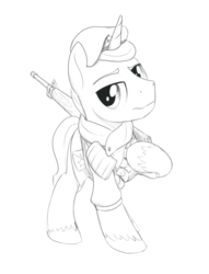 Size: 924x1210 | Tagged: safe, artist:brisineo, oc, oc only, oc:alabaster (fallout equestria: red 36), pony, unicorn, fallout equestria, fallout equestria: red 36, bandolier, beret, clothes, fanfic art, gun, hat, male, monochrome, ncr, new canterlot army, new canterlot republic, rifle, simple background, solo, stallion, uniform, weapon