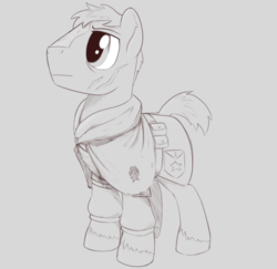Size: 1151x1119 | Tagged: safe, artist:brisineo, oc, oc only, oc:wounded legs, earth pony, pony, fallout equestria, fallout equestria: red 36, clothes, fanfic art, male, mantle, monochrome, ncr, new canterlot army, new canterlot republic, simple background, solo, stallion, uniform