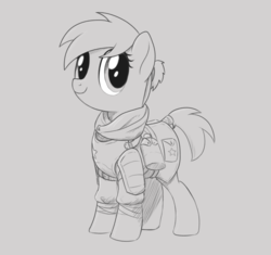 Size: 1720x1620 | Tagged: safe, artist:brisineo, oc, oc only, oc:jacaranda, earth pony, pony, fallout equestria, fallout equestria: red 36, armor, canteen, fanfic art, female, gray background, lineart, looking at you, mare, monochrome, ncr, new canterlot army, new canterlot republic, ponytail, simple background, smiling, solo